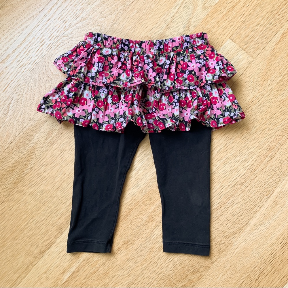 BabyGap black leggings with pink floral print ruffle skirt